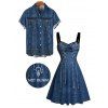 Casual Couple Outfit Vintage Faux Denim Print Sweetheart Neck Ruched Bust Mini Dress and Shirt Set - Bleu profond S | US 4
