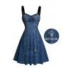 Casual Couple Outfit Vintage Faux Denim Print Sweetheart Neck Ruched Bust Mini Dress and Shirt Set - Bleu profond S | US 4
