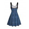 Casual Couple Outfit Vintage Faux Denim Print Sweetheart Neck Ruched Bust Mini Dress and Shirt Set - Bleu profond S | US 4