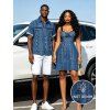 Casual Couple Outfit Vintage Faux Denim Print Sweetheart Neck Ruched Bust Mini Dress and Shirt Set - Bleu profond S | US 4