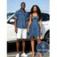 Casual Couple Outfit Vintage Faux Denim Print Sweetheart Neck Ruched Bust Mini Dress and Shirt Set - Bleu profond S | US 4