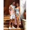 Vacation Couple Outfit Ombre Floral Leaf Print Lace Hollow Out Spaghetti Strap Slit Dress and Shirt Set - multicolor A S | US 4