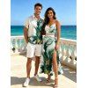 Vacation Couple Outfit Metallic Gold Fluid Smudge Ombre Print Lace Hollow Out Slit Dress and Shirt Set - Vert profond S | US 4