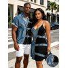 Casual Couple Outfit Faux Denim Colorblock Print Spaghetti Strap Mini Dress and Shirt Set - Bleu Toile de Jean S | US 4