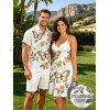 Vacation Couple Outfit Faux Embroidered Pearl Flower Leaf Butterfly Print Spaghetti Strap Mini Dress and Shirt Set - Blanc S | US 4