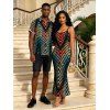 Vacation Couple Outfit Vintage Ombre Zig Zag Print Spaghetti Strap Maxi Bodycon Dress and Shirt Set - Noir S | US 4