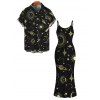 Vacation Couple Outfit Celestial Sun Moon Planet Print Spaghetti Strap Maxi Bodycon Dress and Shirt Set - Noir S | US 4