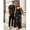 Vacation Couple Outfit Celestial Sun Moon Planet Print Spaghetti Strap Maxi Bodycon Dress and Shirt Set - Noir S | US 4