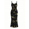 Vacation Dress Celestial Sun Moon Planet Print Spaghetti Strap Maxi Bodycon Dress - Noir M | US 6