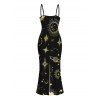 Vacation Dress Celestial Sun Moon Planet Print Spaghetti Strap Maxi Bodycon Dress - Noir XXL | US 14