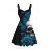 Gothic Couple Outfit Skulls Butterfly Rose Floral Print Ruched Bust Mini Dress and Shirt Set - Noir S | US 4