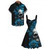 Gothic Couple Outfit Skulls Butterfly Rose Floral Print Ruched Bust Mini Dress and Shirt Set - Noir S | US 4