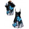 Gothic Couple Outfit Splash Ink Ombre Butterfly Print Spaghetti Strap Mini Dress and Shirt Set - Noir S | US 4