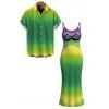 Vacation Couple Outfit Neon Ombre Palm Hand Print Spaghetti Strap Maxi Bodycon Dress and Shirt Set - Vert S | US 4