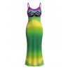 Vacation Couple Outfit Neon Ombre Palm Hand Print Spaghetti Strap Maxi Bodycon Dress and Shirt Set - Vert S | US 4