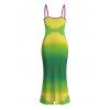 Vacation Couple Outfit Neon Ombre Palm Hand Print Spaghetti Strap Maxi Bodycon Dress and Shirt Set - Vert S | US 4