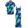 Cyberpunk Couple Outfit Colorblock Fluid Swirl Ombre Print Spaghetti Strap Maxi Bodycon Dress and Shirt Set - Turquoise S | US 4