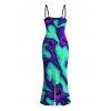 Cyberpunk Couple Outfit Colorblock Fluid Swirl Ombre Print Spaghetti Strap Maxi Bodycon Dress and Shirt Set - Turquoise S | US 4