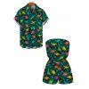 Funny Couple Outfit Colored Cartoon Dinosaurs Print Pocket Off the Shoulder Romper and Shirt Set - Vert profond S | US 4