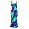Cyberpunk Dress Colorblock Fluid Swirl Ombre Print Spaghetti Strap Maxi Bodycon Dress - Turquoise L | US 8-10