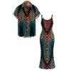 Vacation Couple Outfit Vintage Ombre Zig Zag Print Spaghetti Strap Maxi Bodycon Dress and Shirt Set - Noir S | US 4
