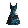 Gothic Dress Skulls Butterfly Rose Floral Print Ruched Bust Mini Dress - Noir XXXXXL | US 20