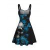 Gothic Dress Skulls Butterfly Rose Floral Print Ruched Bust Mini Dress - Noir XXXXXL | US 20