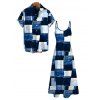 Vacation Couple Outfit Oil Painting Geometric Patchwork Print Pocket Spaghetti Strap Dress and Shirt Set - Bleu S | US 4