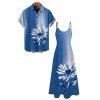 Vacation Couple Outfit Ombre Ink Painting Daisy Print Pocket Spaghetti Strap Dress and Shirt Set - Bleu Ciel S | US 4