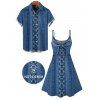 Vacation Couple Outfit Bowknot Faux Denim Spaghetti Strap Mini Dress and Shirt Set - Bleu Toile de Jean S | US 4