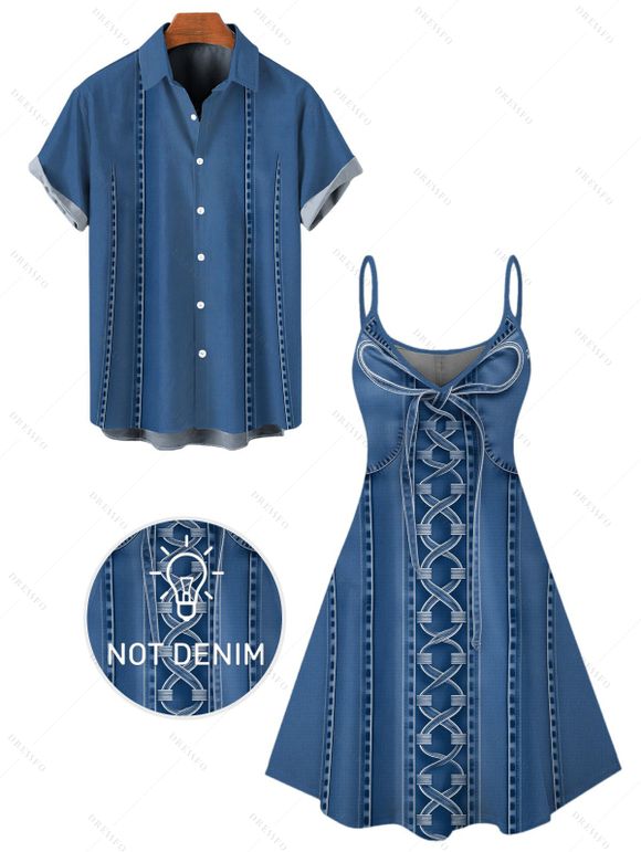Vacation Couple Outfit Bowknot Faux Denim Spaghetti Strap Mini Dress and Shirt Set - Bleu Toile de Jean S | US 4