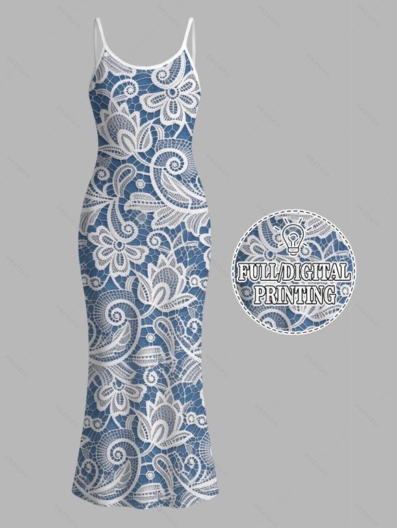 Vacation Dress Floral Print Spaghetti Strap Maxi Bodycon Elegant Dress - Bleu clair XXL | US 14