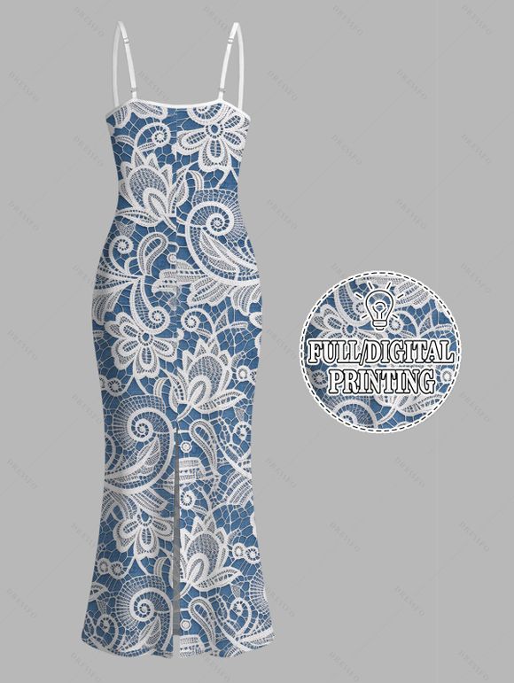Vacation Dress Floral Print Spaghetti Strap Maxi Bodycon Elegant Dress - Bleu clair XXL | US 14