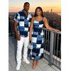 Vacation Couple Outfit Oil Painting Geometric Patchwork Print Pocket Spaghetti Strap Dress and Shirt Set - BLUE S | US 4