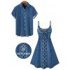 Vacation Couple Outfit Bowknot Faux Denim Spaghetti Strap Mini Dress and Shirt Set - Bleu Toile de Jean S | US 4