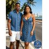 Vacation Couple Outfit Bowknot Faux Denim Spaghetti Strap Mini Dress and Shirt Set - Bleu Toile de Jean S | US 4