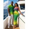 Vacation Couple Outfit Neon Ombre Palm Hand Print Spaghetti Strap Maxi Bodycon Dress and Shirt Set - Vert S | US 4