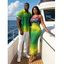 Vacation Couple Outfit Neon Ombre Palm Hand Print Spaghetti Strap Maxi Bodycon Dress and Shirt Set - Vert S | US 4
