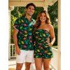 Funny Couple Outfit Colored Cartoon Dinosaurs Print Pocket Off the Shoulder Romper and Shirt Set - Vert profond S | US 4