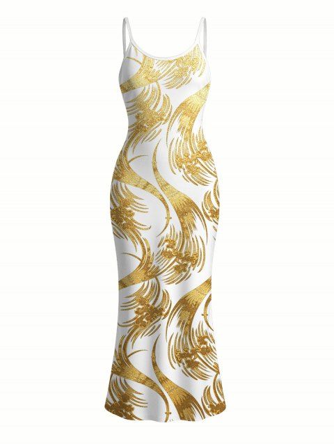 Vacation Dress Metallic Gold Phoenix Print Spaghetti Strap Maxi Bodycon Dress