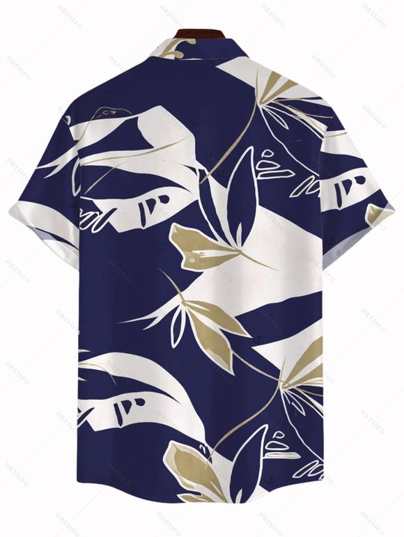 Men's Hawaiian Vacation Shirt Vintage Abstract Palm Leaf Print Button Up Shirt - Bleu profond 2XL