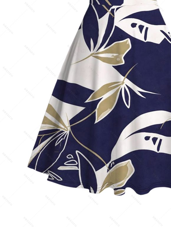 Hawaiian Vacation Dress Vintage Abstract Palm Leaf Print Ruched Bust Mini Dress - Bleu profond XXXXXL | US 20