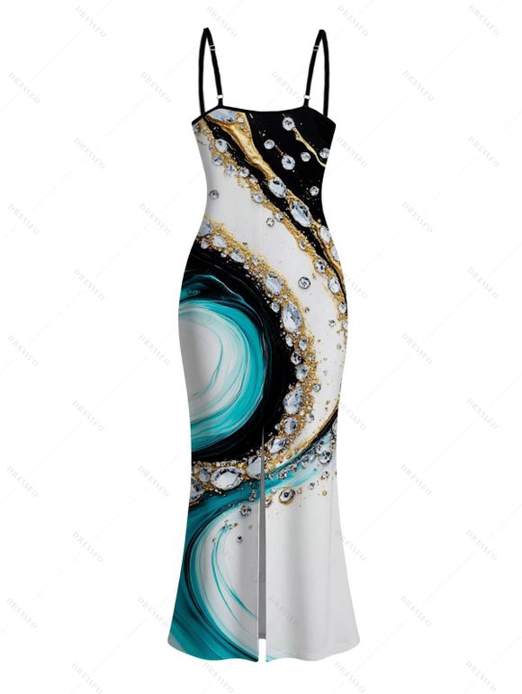 Vacation Dress Metallic Gold Fluid Marble Swirl Ink Wash Print Spaghetti Strap Maxi Bodycon Dress - multicolor A XXL | US 14