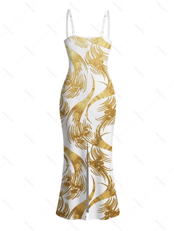 Vacation Dress Metallic Gold Phoenix Print Spaghetti Strap Maxi Bodycon Dress - Blanc XXL | US 14