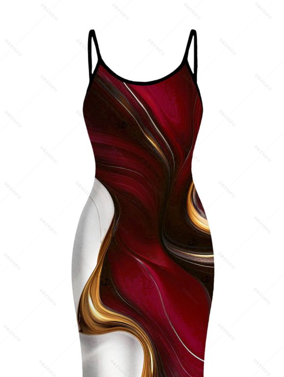 Vacation Dress Gold Fluid Abstract Marble Print Spaghetti Strap Maxi Bodycon Dress - Rouge Vineux XXXXL | US 18
