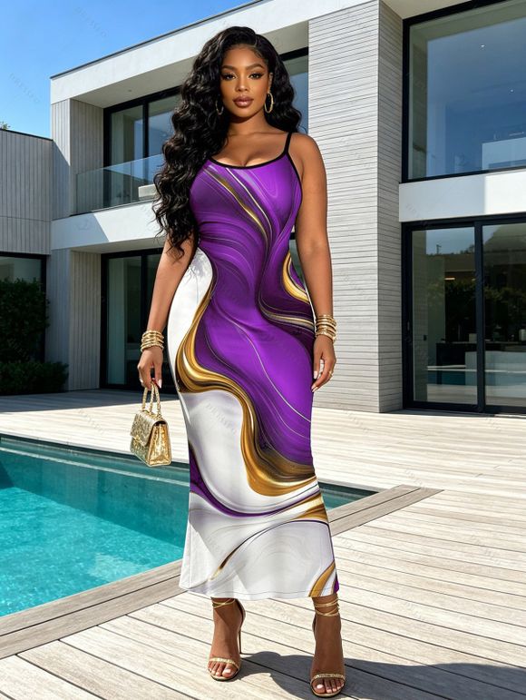Vacation Dress Gold Fluid Abstract Marble Print Spaghetti Strap Maxi Bodycon Dress - Concorde XXXXL | US 18