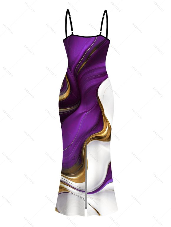 Vacation Dress Gold Fluid Abstract Marble Print Spaghetti Strap Maxi Bodycon Dress - Concorde XXXXL | US 18