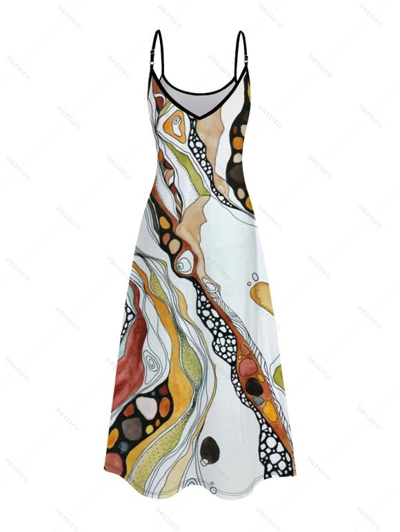 Vacation Dress Vintage Hand-Painted Abstract Fluid Print Pocket Spaghetti Strap Dress - Blanc XXXXXL | US 20