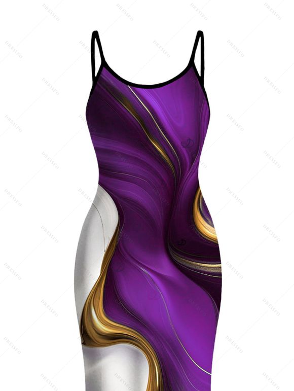 Vacation Dress Gold Fluid Abstract Marble Print Spaghetti Strap Maxi Bodycon Dress - Concorde XXXXL | US 18