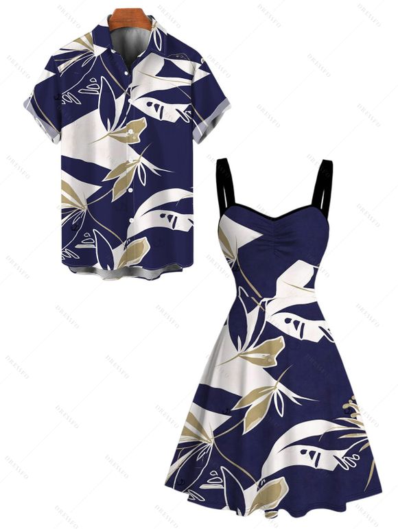 Hawaiian Vacation Couple Outfit Vintage Abstract Palm Leaf Print Ruched Bust Mini Dress and Shirt Set - DEEP BLUE S | US 4